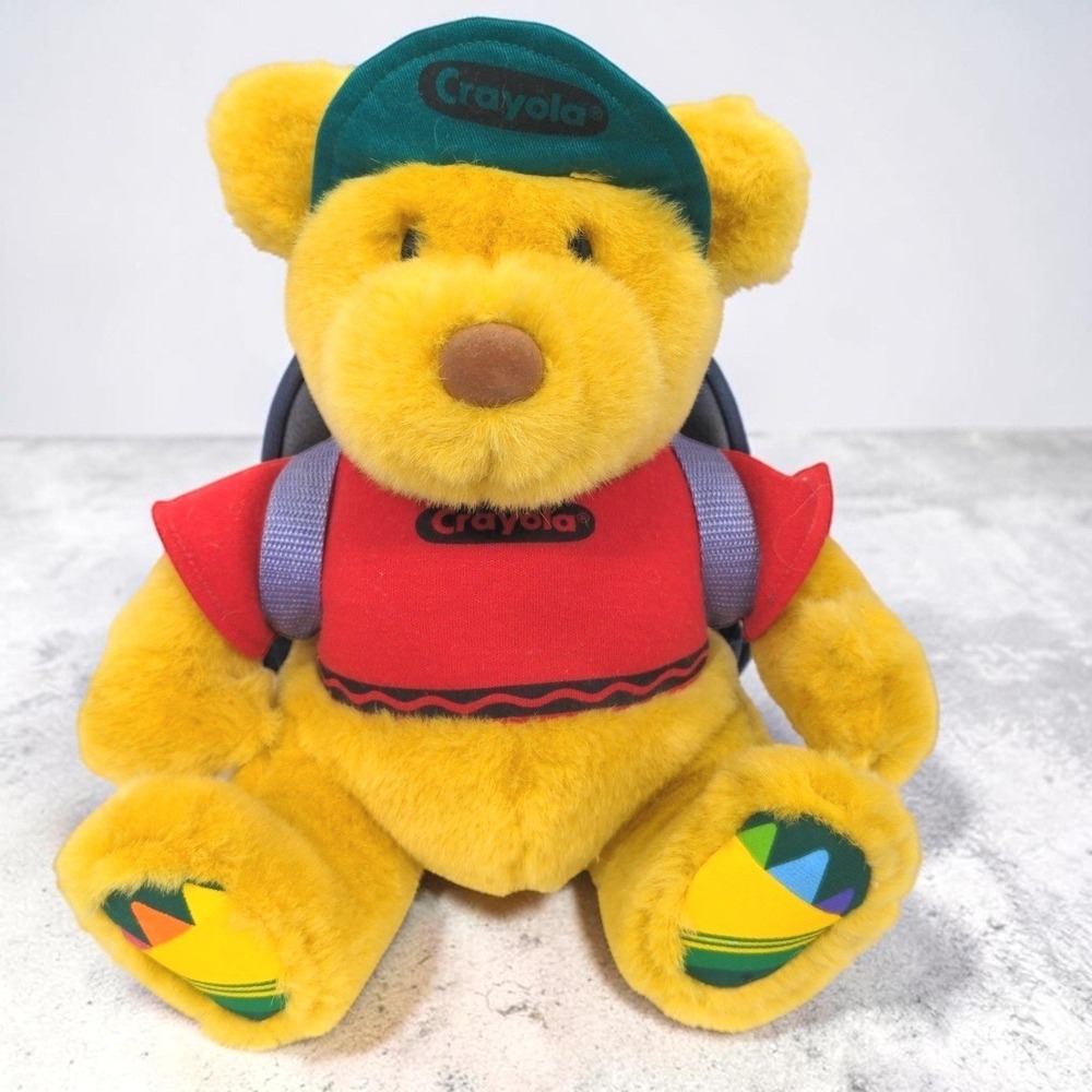 VTG 1990s Gund Crayola Yellow Teddy Bear Plush 10" Backpack Crayons New Rare
